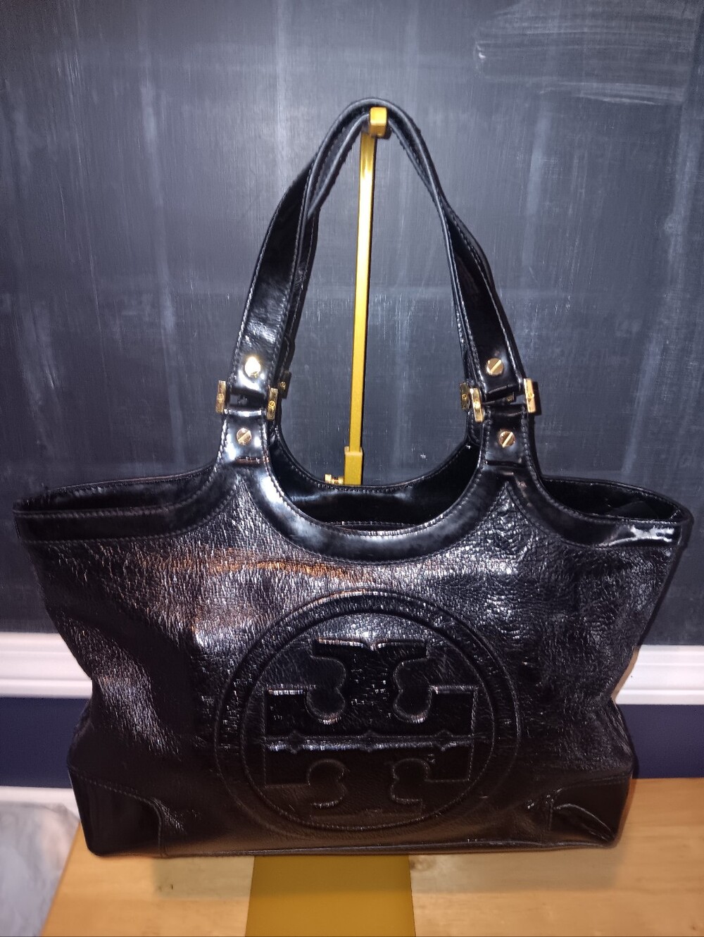 Tory Burch Black Patent Leather Logo Tote